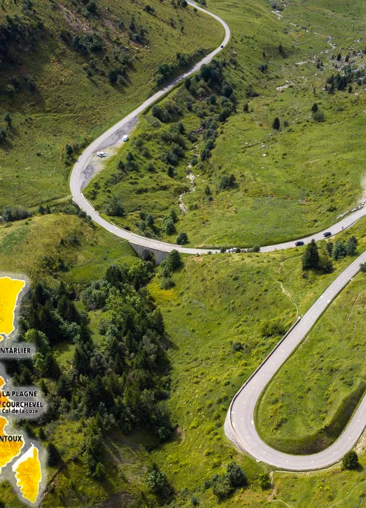 mappa del tour de france con foto di strade di montagna