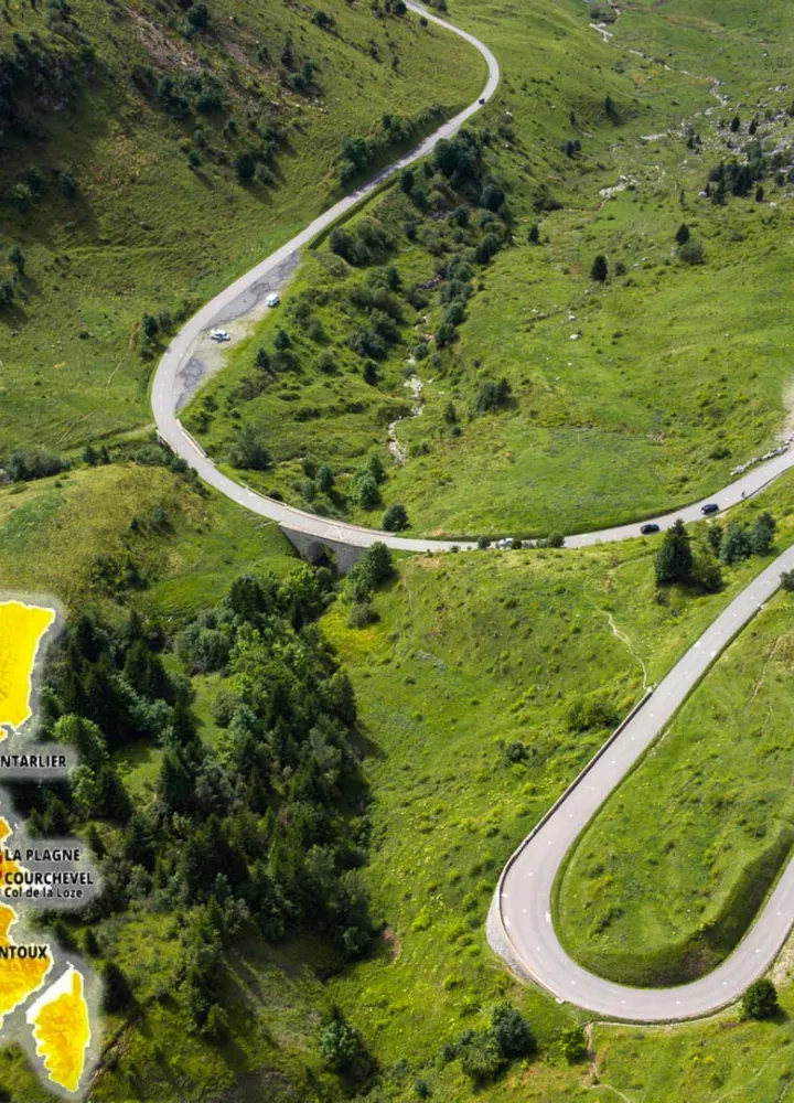 mappa del tour de france con foto di strade di montagna