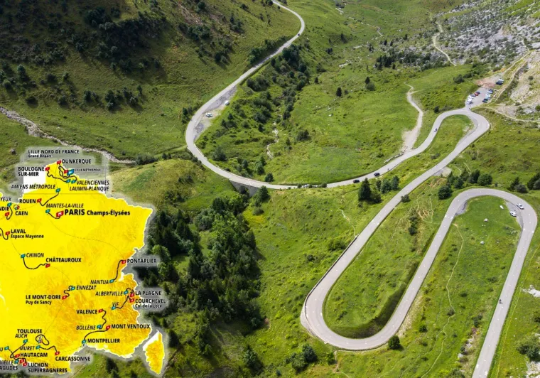 mappa del tour de france con foto di strade di montagna